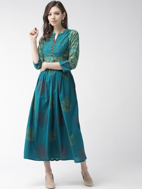 

RANGMAYEE Women Teal Blue & Mustard Yellow Printed A-Line Dress
