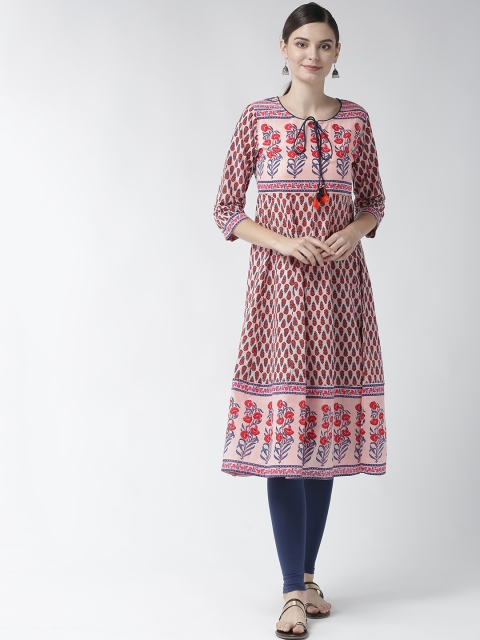 

RANGMAYEE Women Peach-Coloured & Navy Blue Printed Kurta with Churidar Leggings