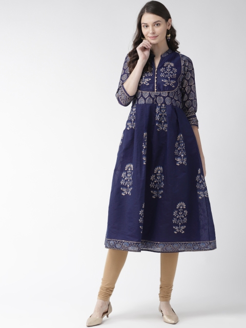 

RANGMAYEE Women Navy Blue & Beige Block Print Anarkali Kurta with Churidar Leggings