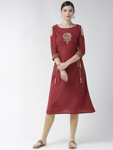 

RANGMAYEE Women Maroon & Beige Yoke Design Cold Shoulder Kurta with Churidar Leggings