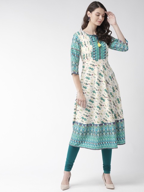 

RANGMAYEE Women Off-White & Teal Blue Printed Kurta with Churidar Leggings