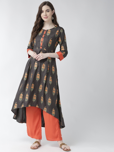 

RANGMAYEE Women Charcoal Grey & Orange Printed Kurta with Palazzos