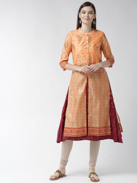 

RANGMAYEE Women Peach-Coloured & Beige Printed Layered Kurta with Leggings, Orange