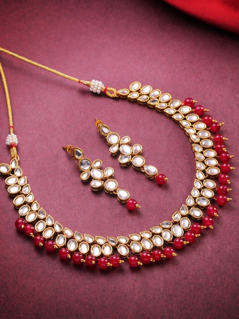 

Jewels Galaxy Women Red Gold-Plated Stone-Studded Beaded Jewellery Set