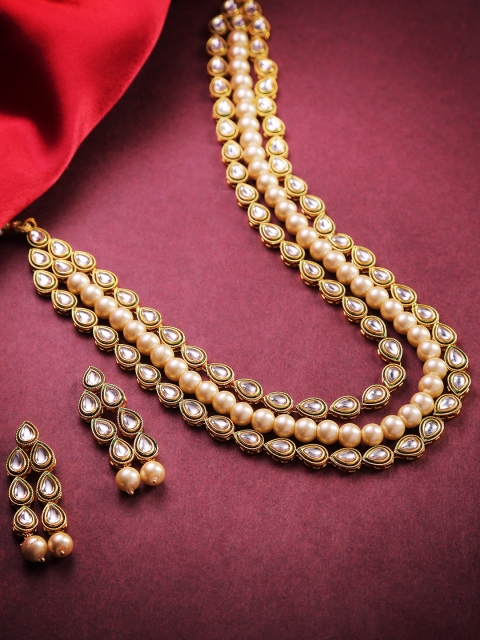 

Jewels Galaxy Off-White & Green Gold-Plated Stone-Studded & Beaded Jewellery Set
