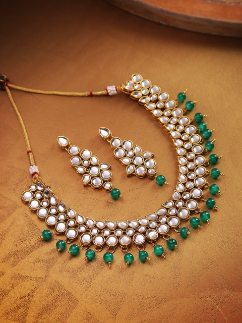

Jewels Galaxy Green Gold-Plated Stone-Studded & Beaded Jewellery Set