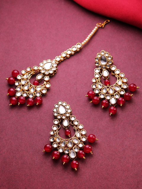 

Jewels Galaxy Maroon Gold-Plated Stone-Studded & Beaded Jewellery Set