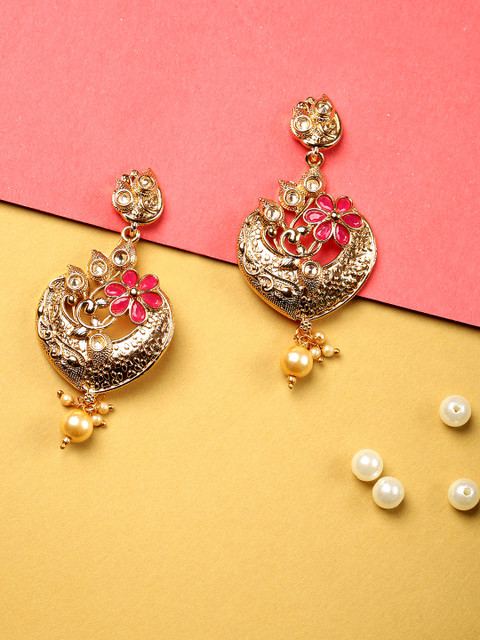 

Jewels Galaxy Pink Gold-Plated Stone-Studded & Beaded Floral Drop Earrings