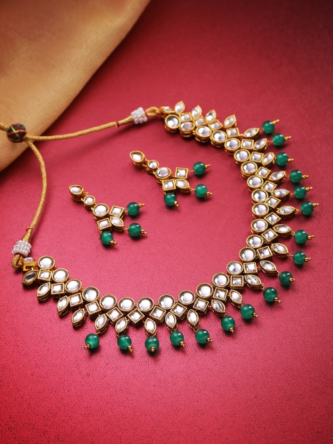 

Jewels Galaxy Green Gold-Plated Stone-Studded & Beaded Jewellery Set
