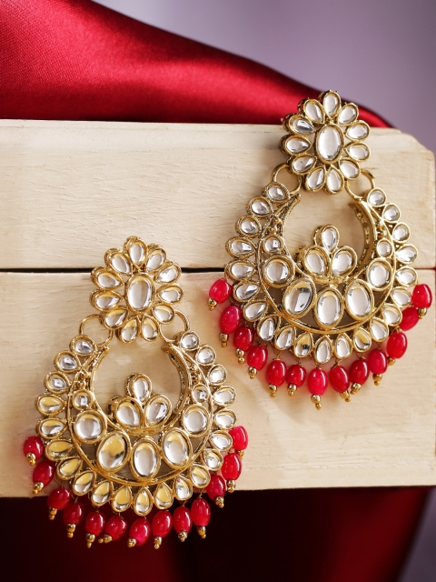 

Jewels Galaxy Red Antique Gold-Plated Stone-Studded Crescent Shaped Chandbalis