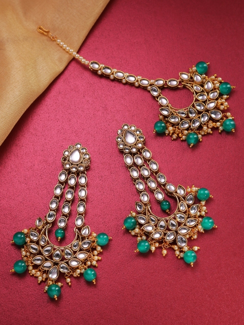 

Jewels Galaxy Green Gold-Plated Stone-Studded & Beaded Jewellery Set