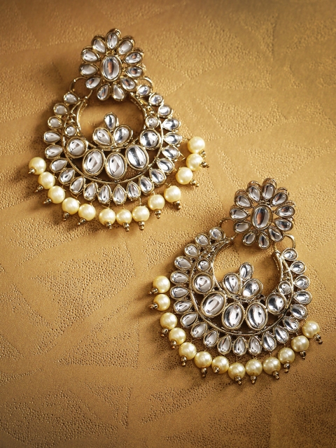 

Jewels Galaxy Off-White Antique Gold-Plated Stone-Studded Crescent Shaped Chandbalis