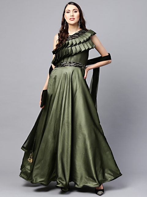 

Chhabra 555 Women Olive Green & Black Made to Measure Silk Cocktail Gown with Dupatta