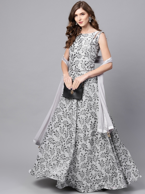 

Chhabra 555 Grey & Black Printed Made to Measure Cocktail Gown With Dupatta