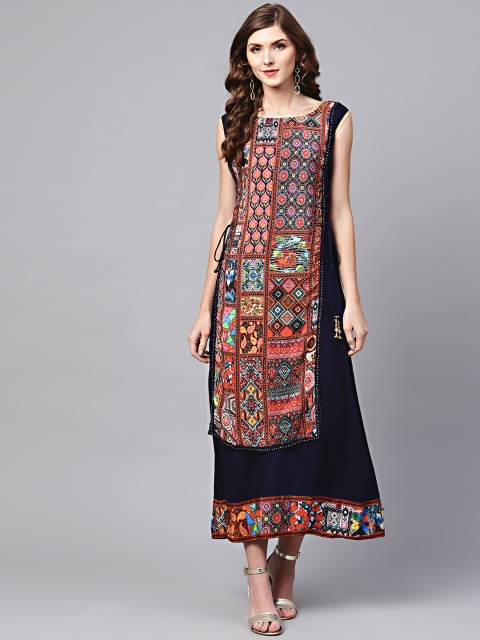 

Chhabra 555 Women Pink & Navy Blue Printed Layered Maxi Dress