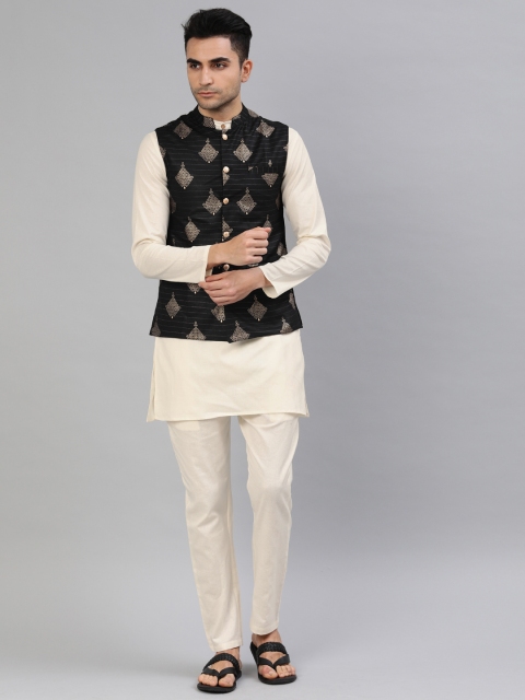 

Anouk Men Off-White & Black Solid Kurta with Trousers and Nehru Jacket