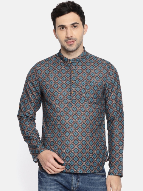 

Anouk Men Teal Blue & Black Printed Straight Kurta