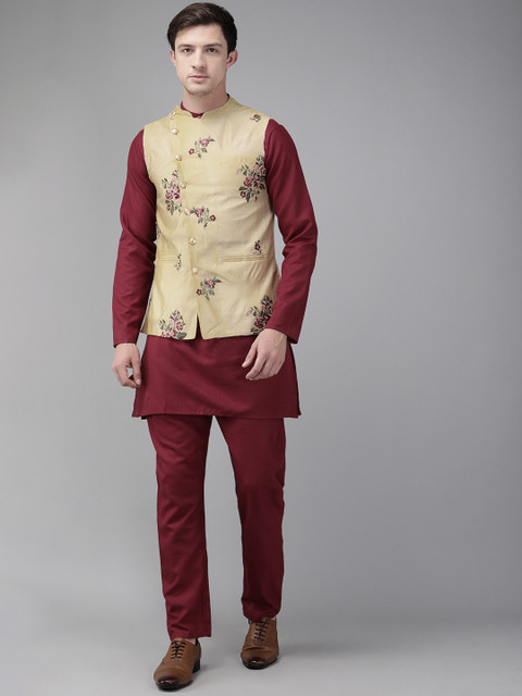 

Anouk Men Maroon Solid Kurta Set With Embroidered Nehru Jacket