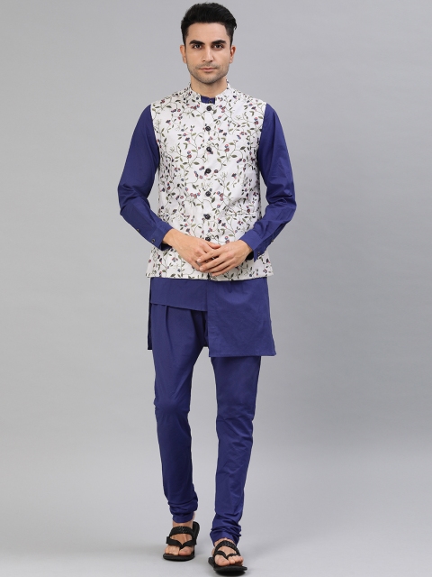 

Anouk Men Blue & Off-White Solid Kurta with Churidar & Nehru Jacket