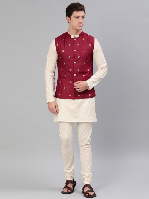 

Anouk Men Off-White & Maroon Solid Kurta with Churidar and Nehru Jacket