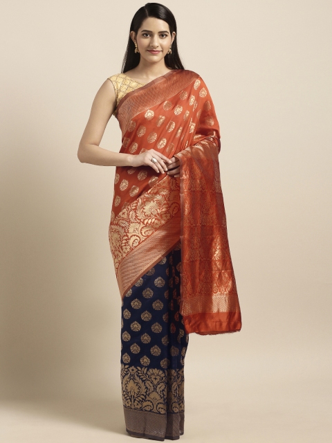 

Varkala Silk Sarees Navy Blue & Orange Silk Blend Half & Half Dharmavaram Saree