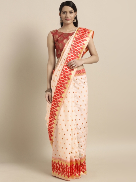 

Varkala Silk Sarees Off-White & Red Silk Blend Woven Design Banarasi Saree