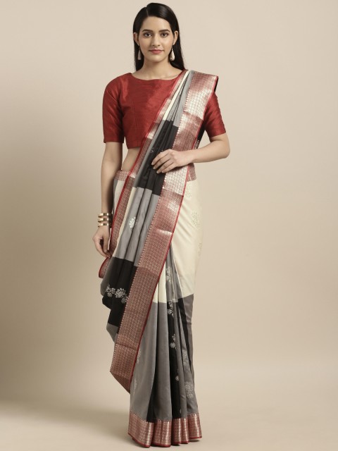 

Varkala Silk Sarees Black & Off-White Silk Blend Colourblocked Kanjeevaram Saree