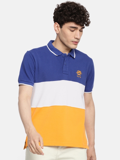 

U.S. Polo Assn. Men Navy Blue White Colourblocked Polo Collar Pure Cotton T-shirt