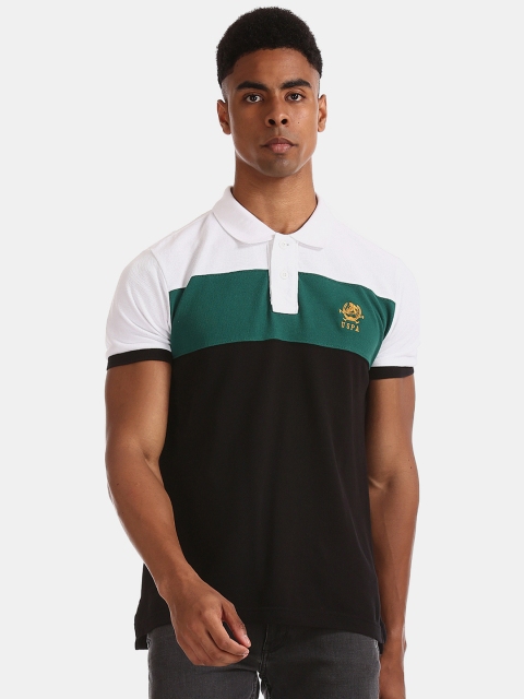 

U.S. Polo Assn. Men Black White Colourblocked Polo Collar Pure Cotton T-shirt