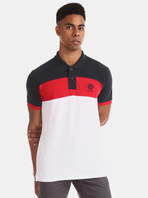 

U.S. Polo Assn. Men White Red Colourblocked Polo Collar Pure Cotton T-shirt