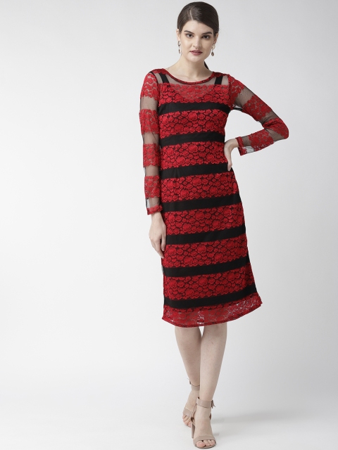 

WoowZerz Women Red & Black Lace Semi Sheer Sheath Dress