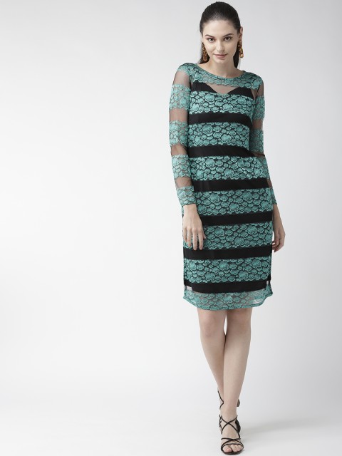 

WoowZerz Women Green & Black Lace Semi Sheer Sheath Dress