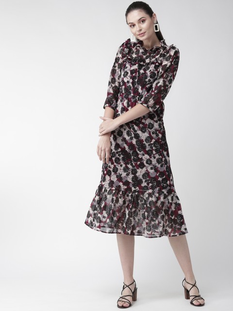 

WoowZerz Women Off-White & Black Floral Printed A-Line Dress