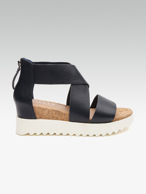 

Steve Madden Women Dark Navy Leather Mid-Top Flatforms, Navy blue