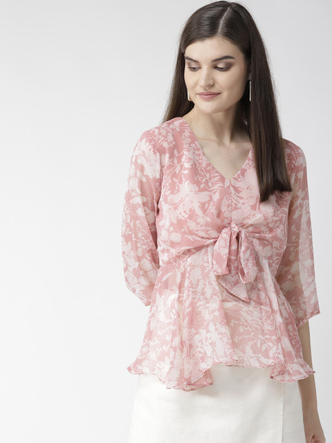 

WoowZerz Women Pink & Off-White Floral Printed A-Line Top