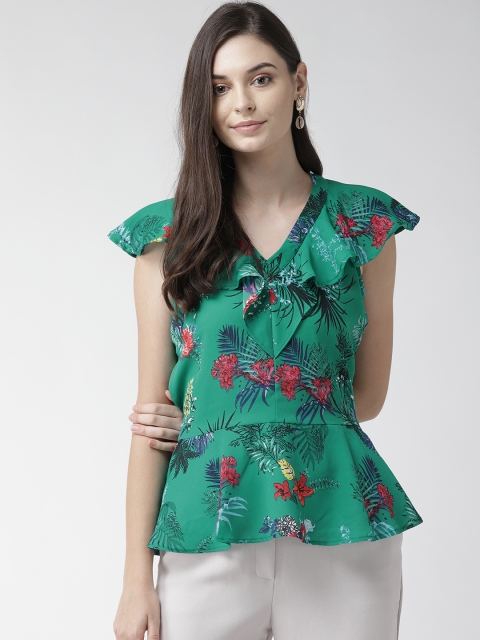

WoowZerz Women Green & Pink Tropical Printed Cinched Waist Top