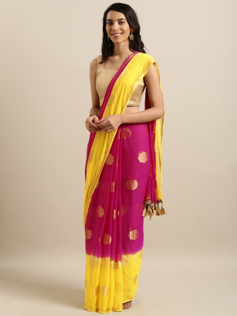 

Nanda Silk Mills Pink & Yellow Poly Georgette Woven Design Saree