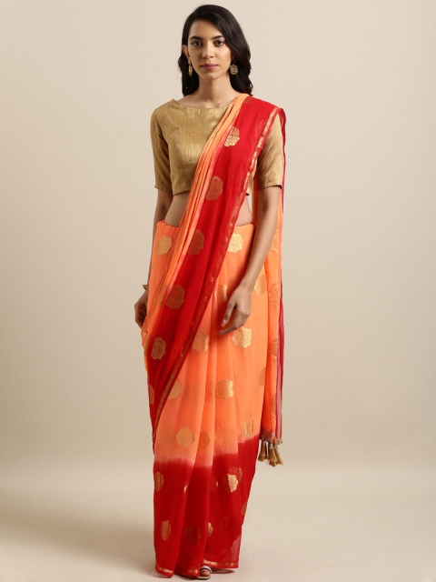

Nanda Silk Mills Peach-Coloured & Red Poly Georgette Woven Design Saree