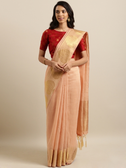 

Nanda Silk Mills Peach-Coloured & Gold-Toned Cotton Blend Solid Saree