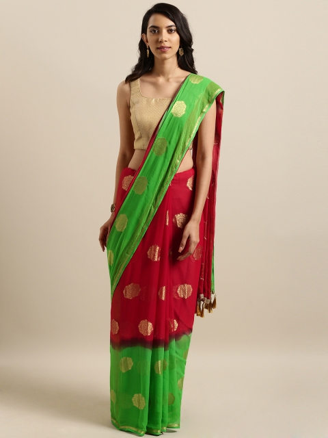 

Nanda Silk Mills Red & Green Poly Georgette Woven Design Saree