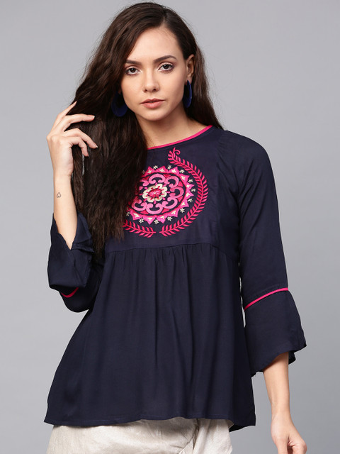 

Bhama Couture Women Navy Blue Embroidered Empire Pure Cotton Top