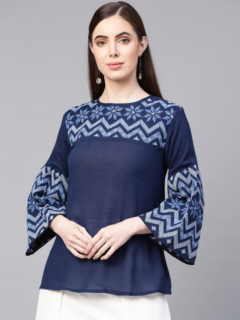 

Bhama Couture Women Navy Blue Embroidered Detail Top