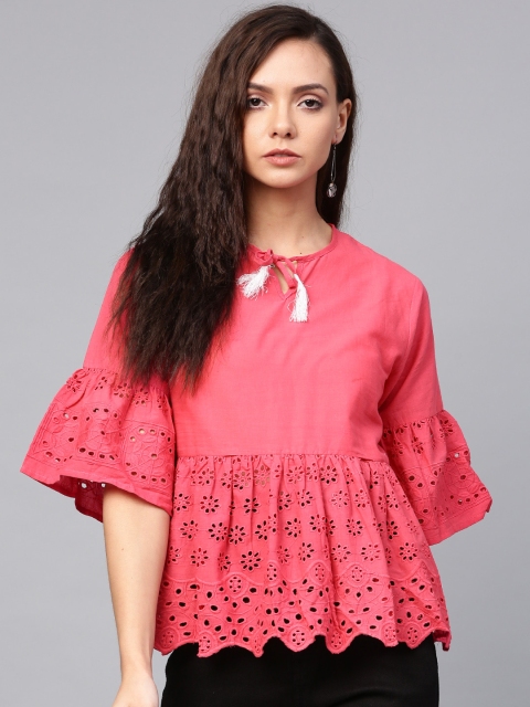 

Bhama Couture Women Coral Pink Schiffli Embroidered A-Line Pure Cotton Top