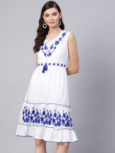 

Bhama Couture Women White & Blue Floral Embroidered A-Line Dress