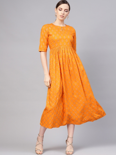 

Libas Women Mustard Yellow & Golden Block Print Midi A-Line Dress