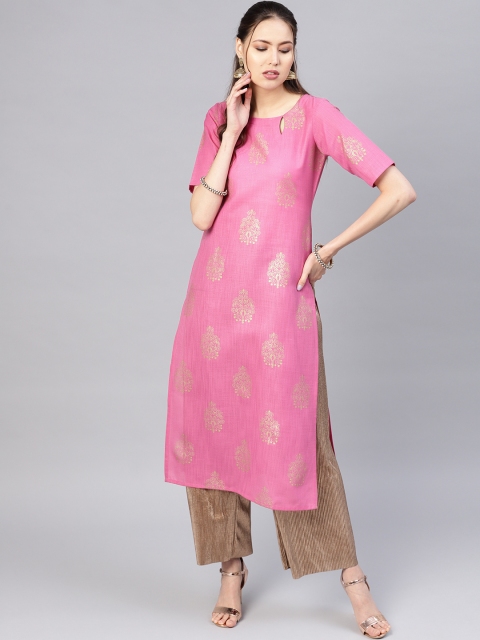 

Libas Women Pink & Golden Block Print Straight Kurta