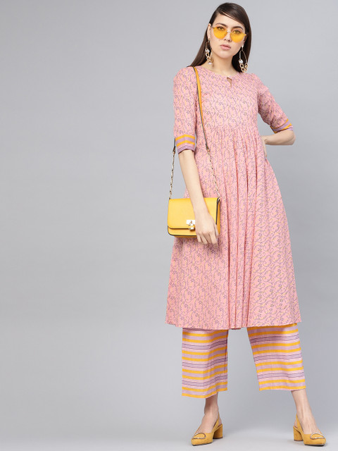 

Libas Women Pink & Yellow Printed Kurta with Palazzos