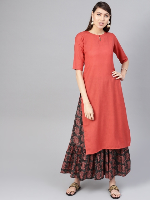 

Libas Women Rust Red & Black Solid Kurta with Skirt