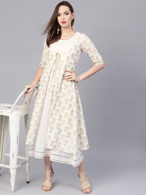 

Libas Women White Solid A-Line Dress with Ethnic Jacket
