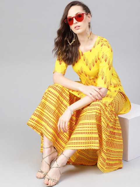 

Libas Women Yellow & Red Printed Kurta with Sharara